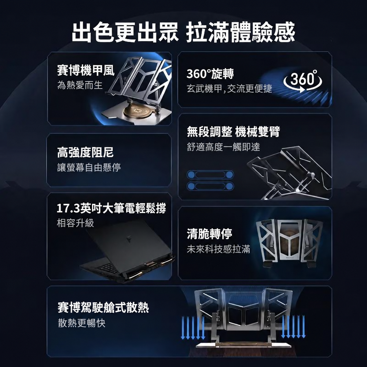 機甲風可折疊升降筆電支架｜旋轉與穩固雙版本