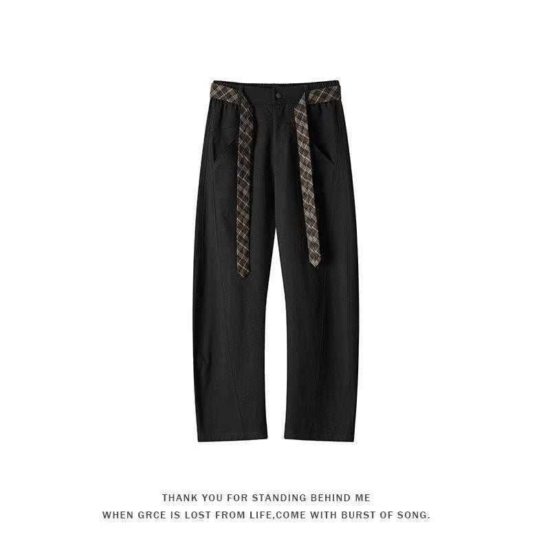 Retro Plaid Ribbon Straight Leg Casual Pants