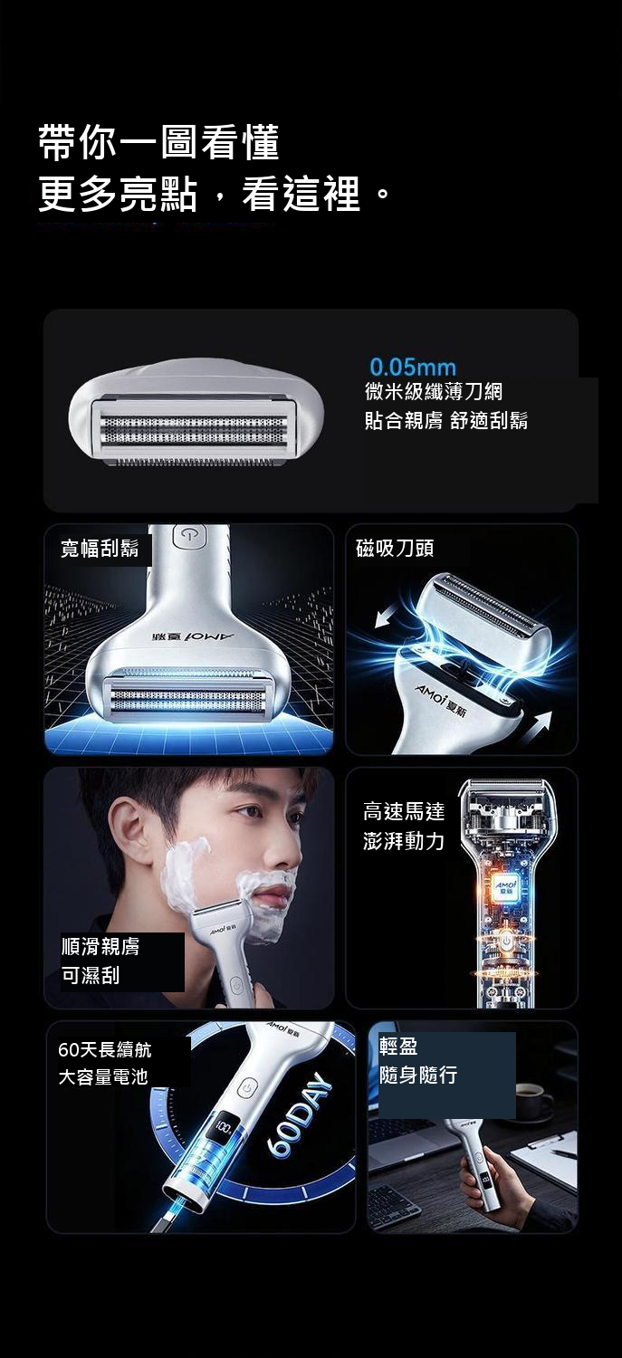 往復式電動刮鬍刀｜磁吸刀頭・乾濕兩用・Type-C充電