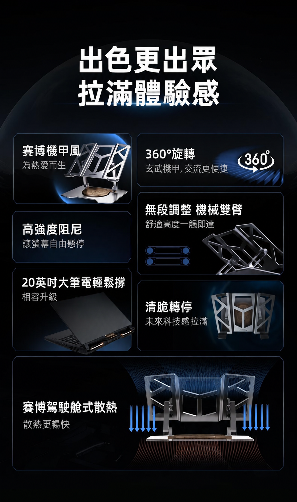 機甲風可折疊升降筆電支架｜旋轉與穩固雙版本