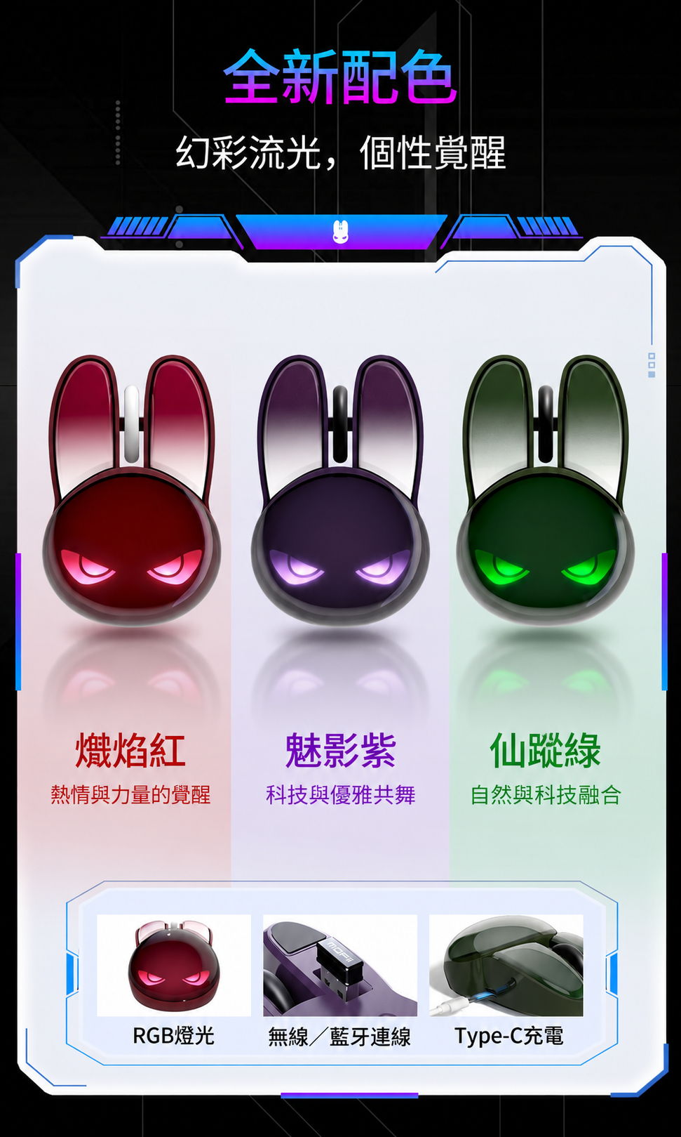 M6C 兔子造型雙模無線滑鼠｜氛圍燈・輕音按鍵・Type-C充電