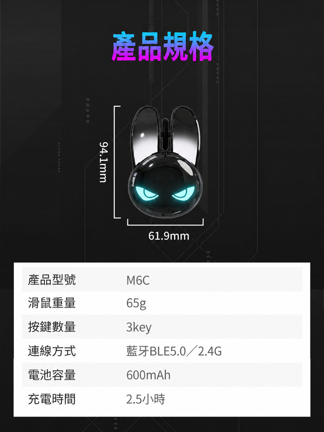M6C 兔子造型雙模無線滑鼠｜氛圍燈・輕音按鍵・Type-C充電