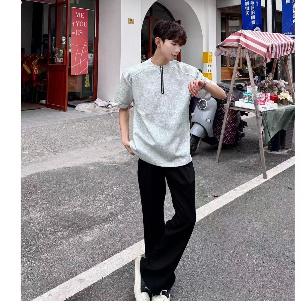 American Style High Street Rivet Half-Zip Padded Shoulder Short-Sleeve T-shirt