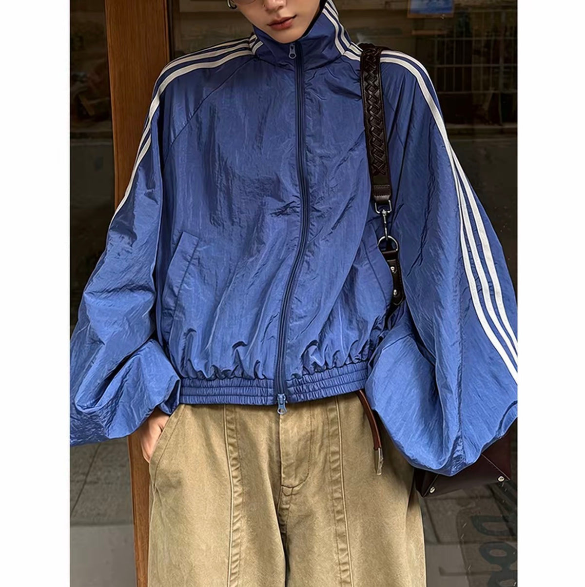 美式三道槓立領短款條紋夾克外套男女同款