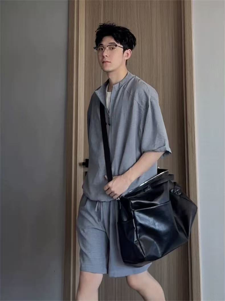 Vintage Style Two-Piece Look Short-Sleeved Shirt for Men (Thin, for Summer) + Casual Knee-Length Shorts (Set)