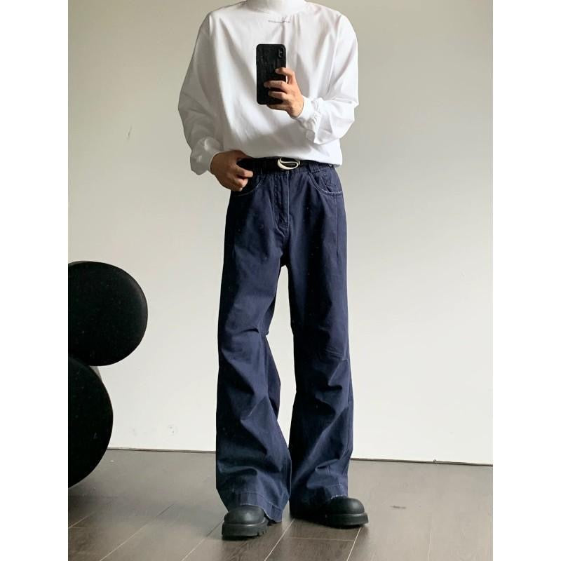 法工藍美式高街褶皺水洗cleanfit工裝褲