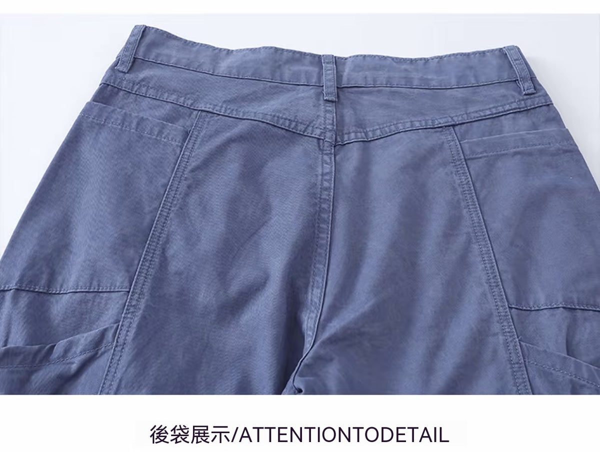 法工藍多口袋工裝褲