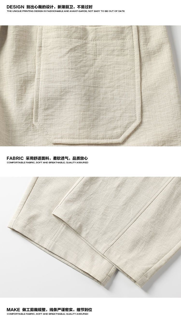 Old-money style hemp wide-leg casual pants