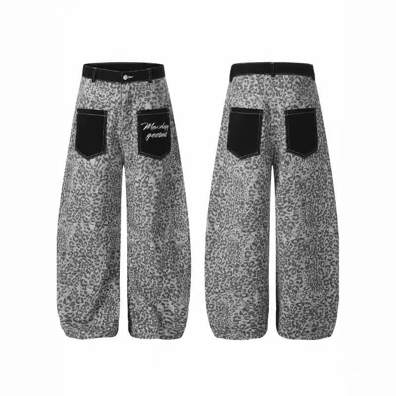 American Retro Leopard Print Curved Denim Pants + Star Short-sleeved Two-piece Set