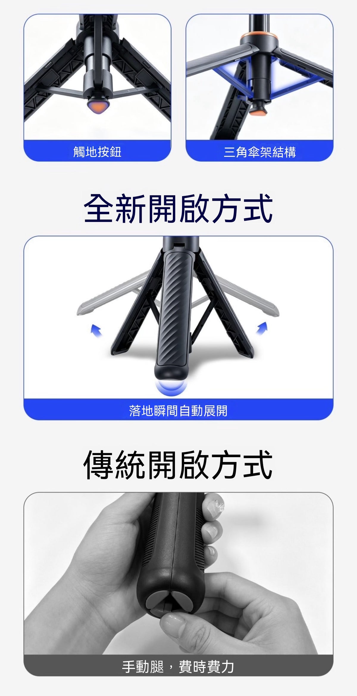 自動彈開快拆三腳架自拍桿