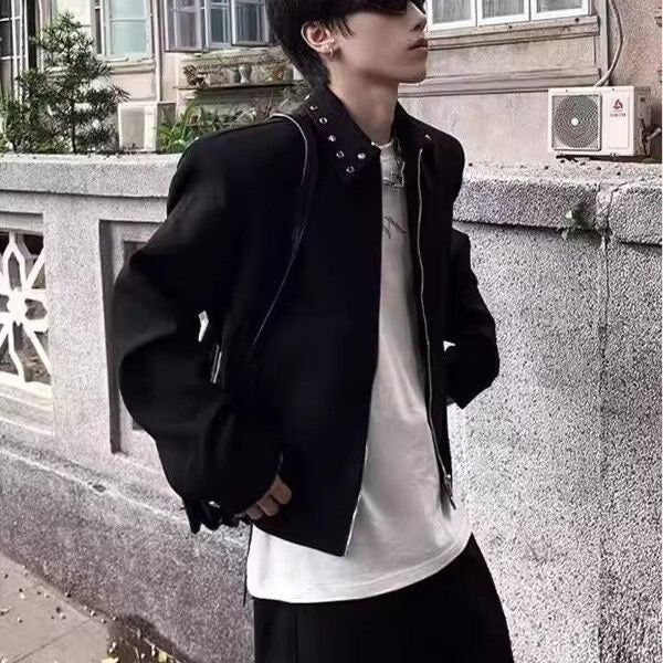 美式高街鉚釘墊肩夾克