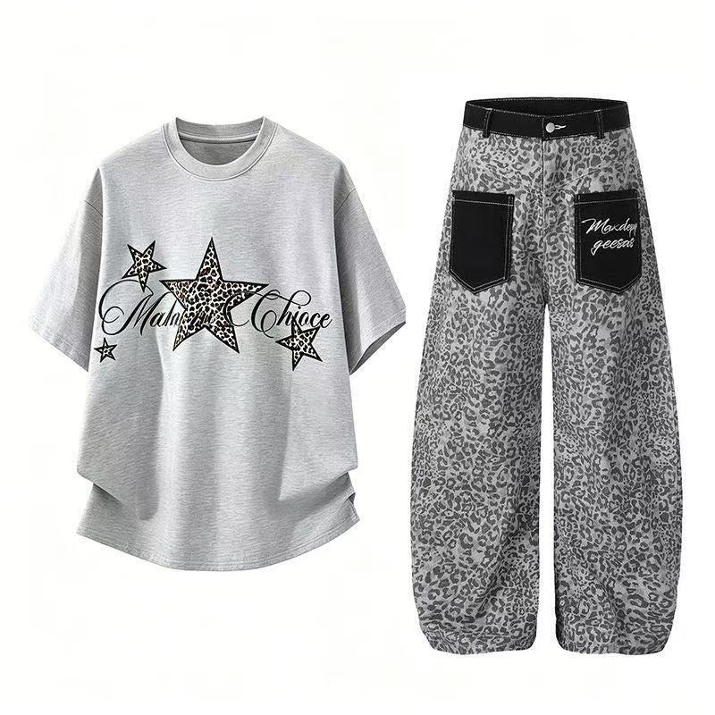 American Retro Leopard Print Curved Denim Pants + Star Short-sleeved Two-piece Set