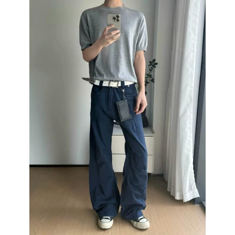 法工藍美式高街褶皺水洗cleanfit工裝褲