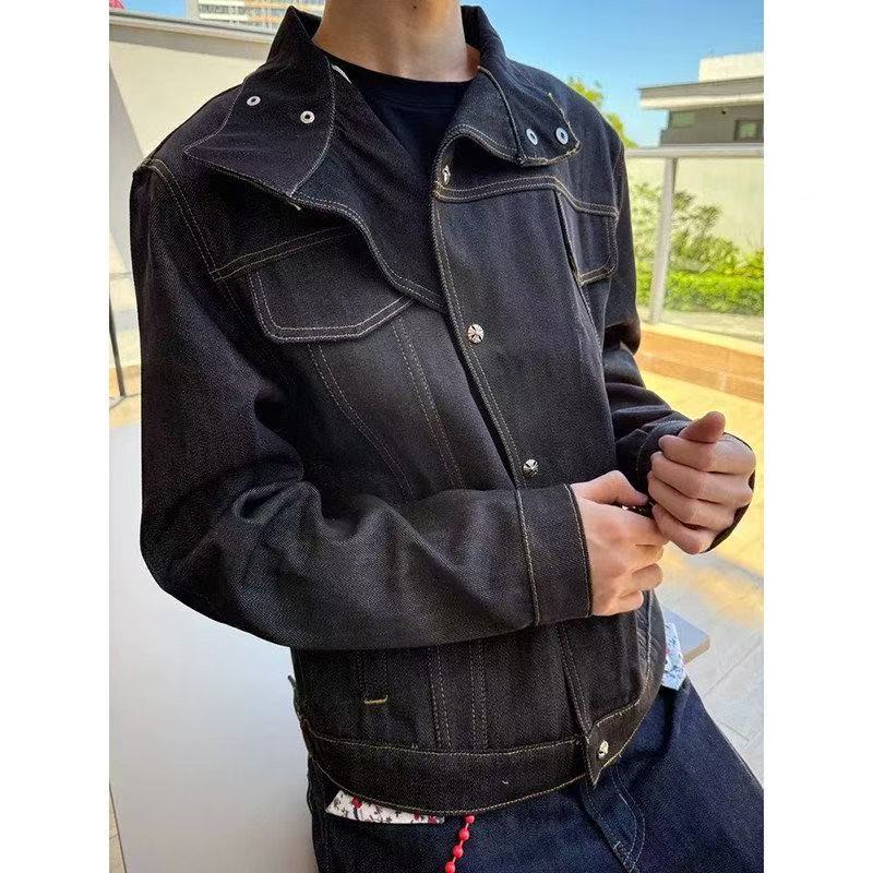 High Street Slant Collar Cropped Denim Jacket American Retro Stand Collar Workwear