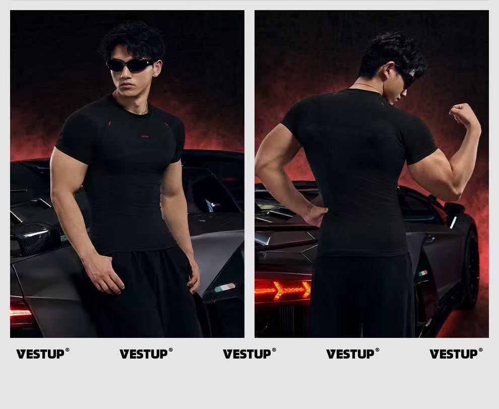 VEST UP【RACING】賽車風碳纖維無縫短袖顯大塑形緊身健身男裝T恤
