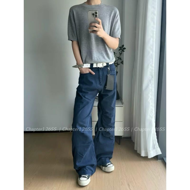 法工藍美式高街褶皺水洗cleanfit工裝褲