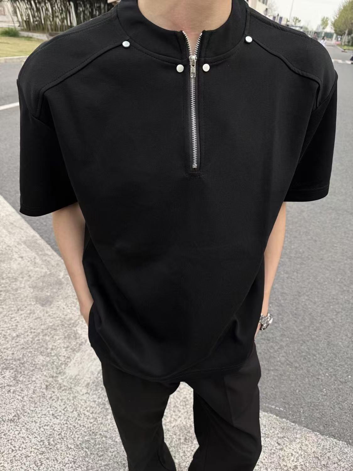 American Style High Street Rivet Half-Zip Padded Shoulder Short-Sleeve T-shirt