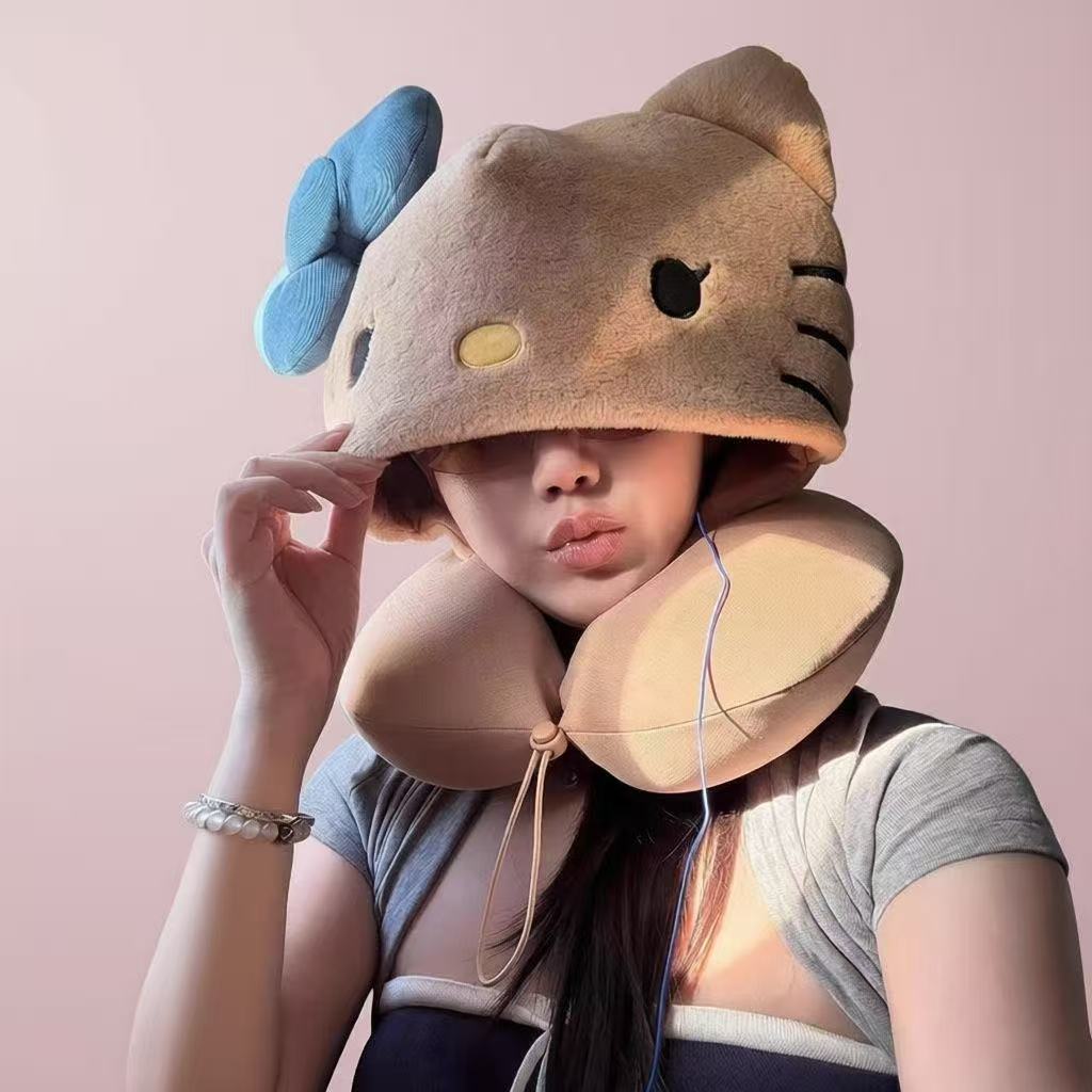 Cute Kitten Cartoon Hooded Neck Pillow
