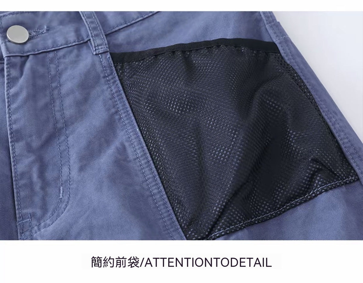 法工藍多口袋工裝褲