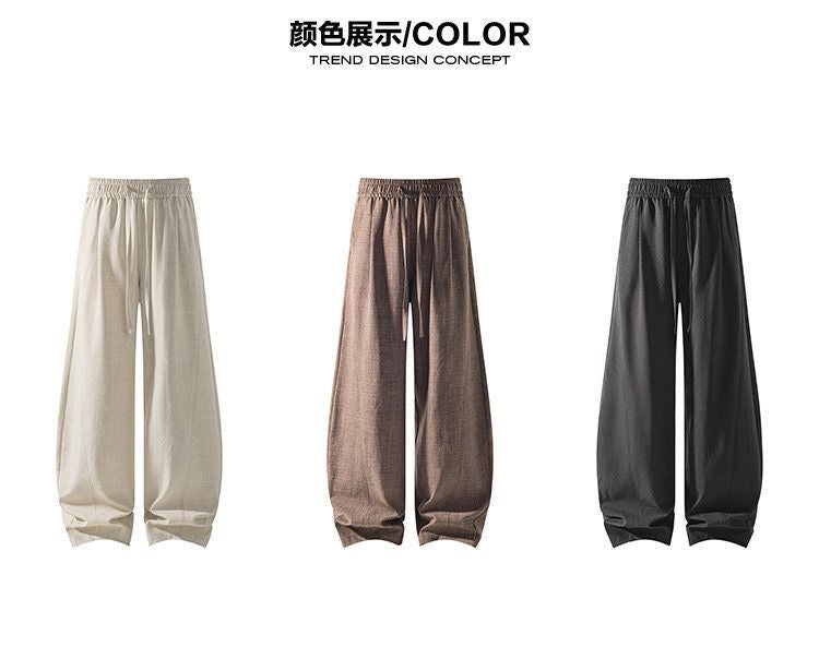 Old-money style hemp wide-leg casual pants