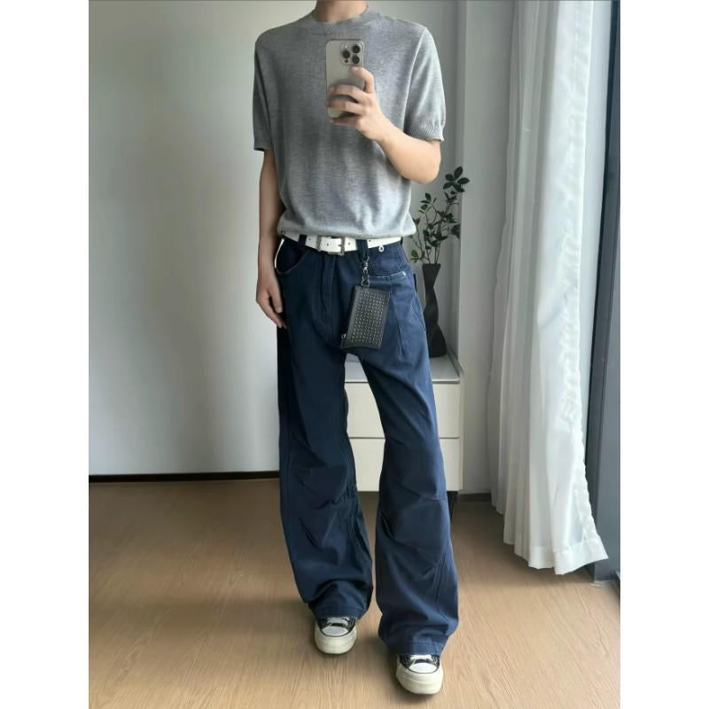 法工藍美式高街褶皺水洗cleanfit工裝褲