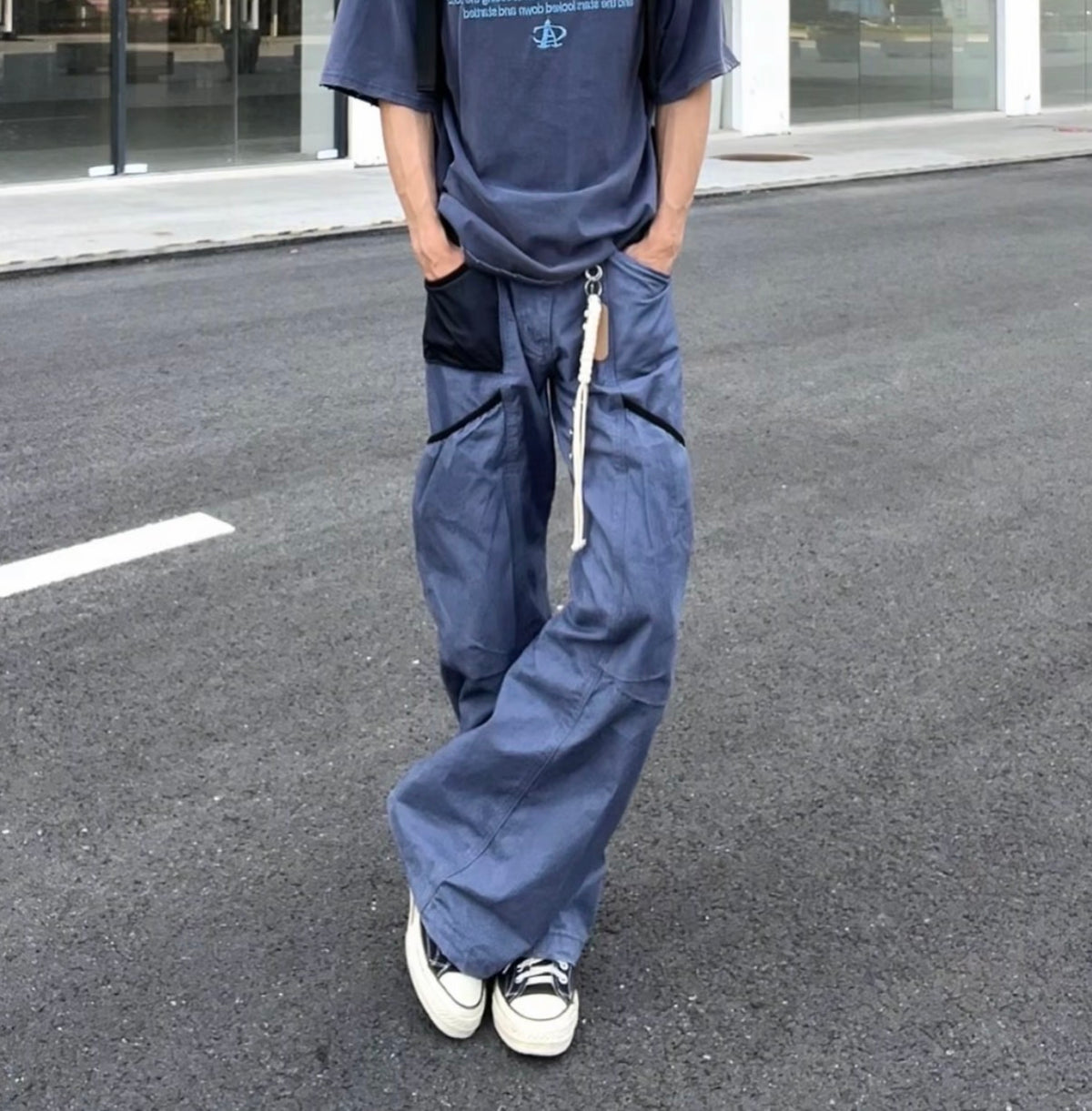 法工藍多口袋工裝褲