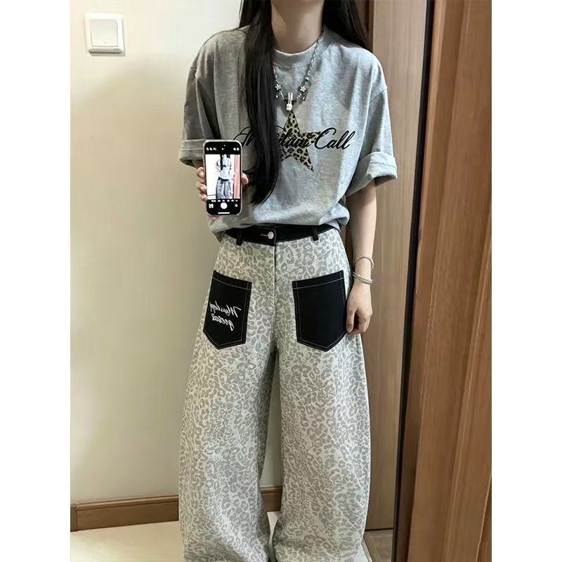 American Retro Leopard Print Curved Denim Pants + Star Short-sleeved Two-piece Set