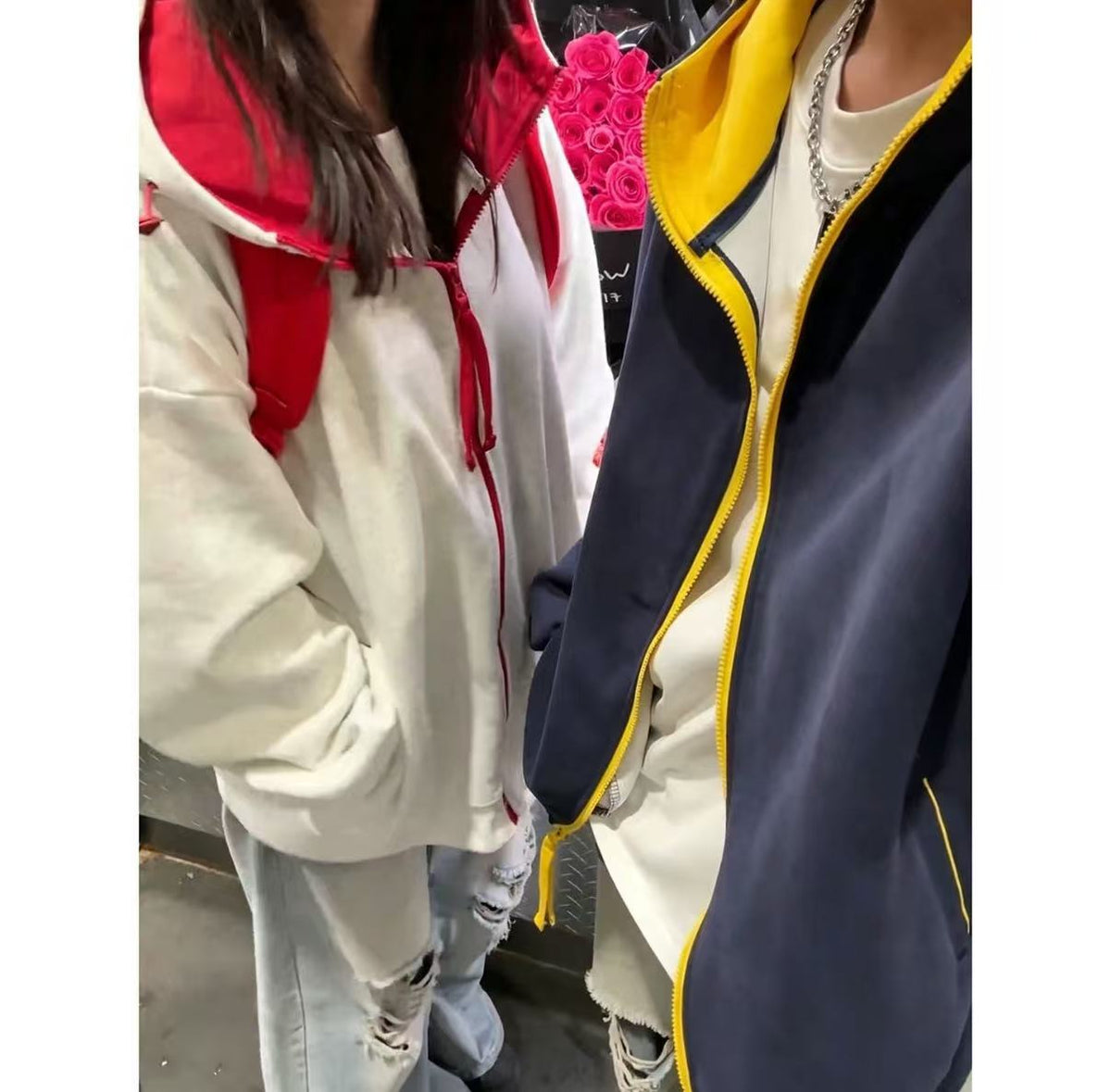 美式復古撞色連帽開衫衛衣