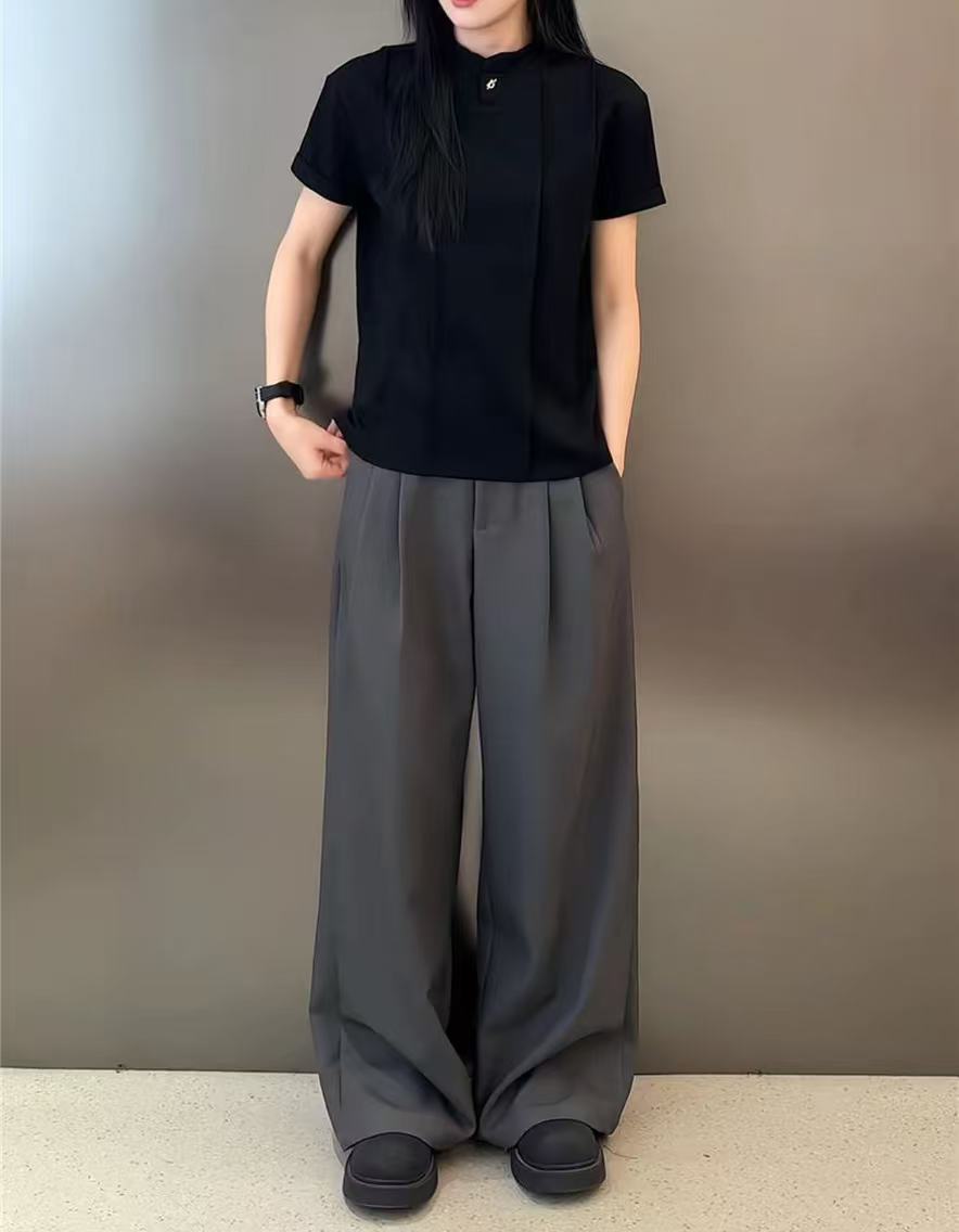 垂墜感打褶闊腿西褲