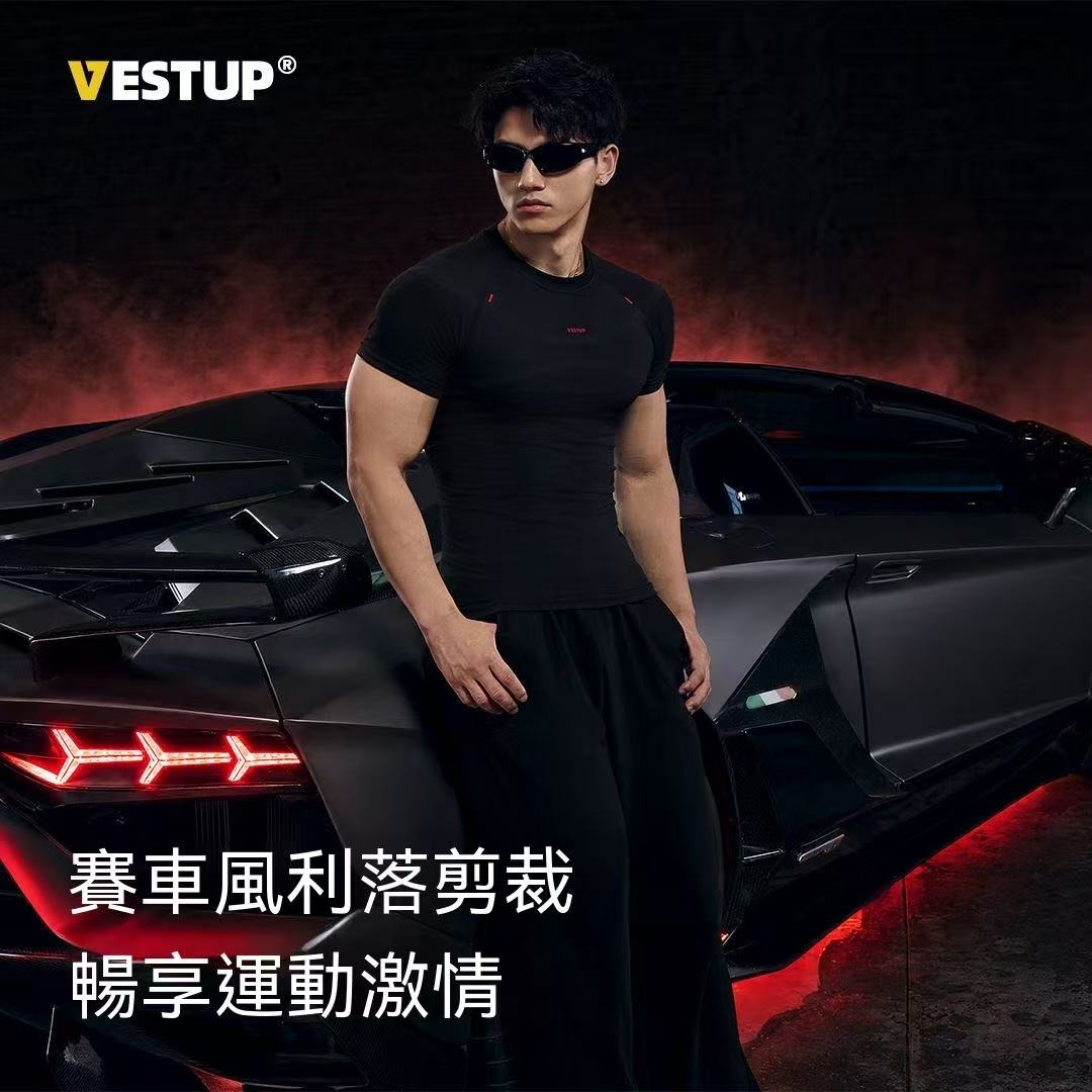 VEST UP【RACING】賽車風碳纖維無縫短袖顯大塑形緊身健身男裝T恤