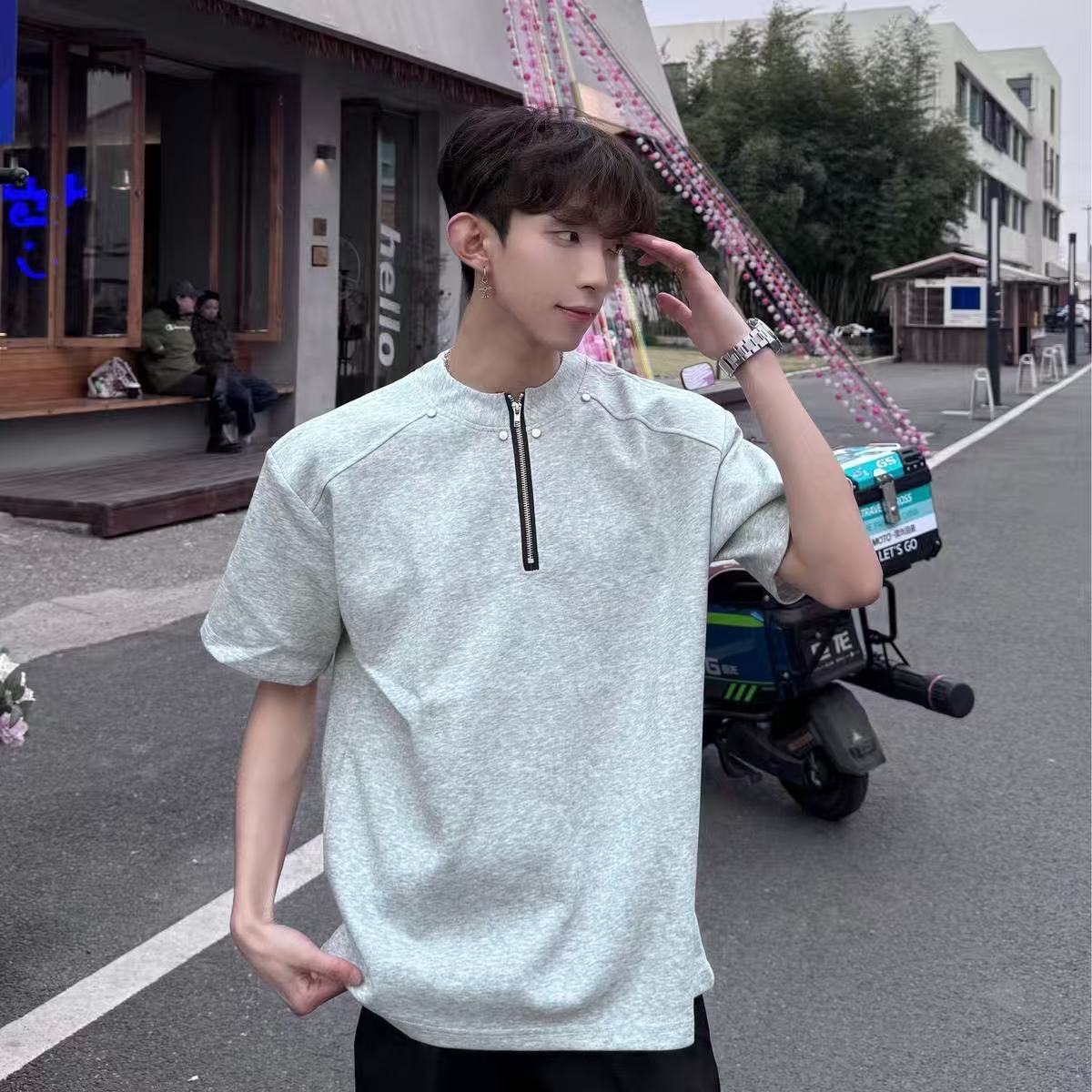 American Style High Street Rivet Half-Zip Padded Shoulder Short-Sleeve T-shirt