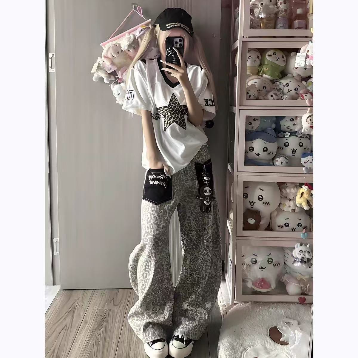 American Retro Leopard Print Curved Denim Pants + Star Short-sleeved Two-piece Set