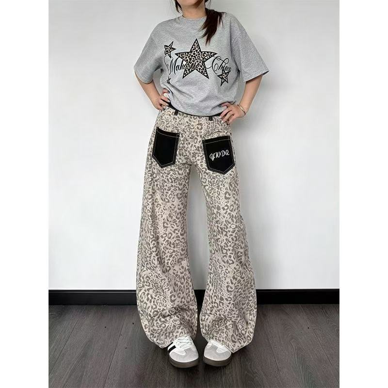 American Retro Leopard Print Curved Denim Pants + Star Short-sleeved Two-piece Set