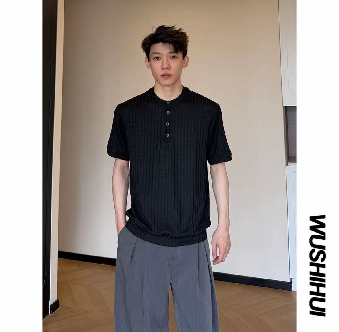 夏季老錢風豎紋亨利領短袖上衣