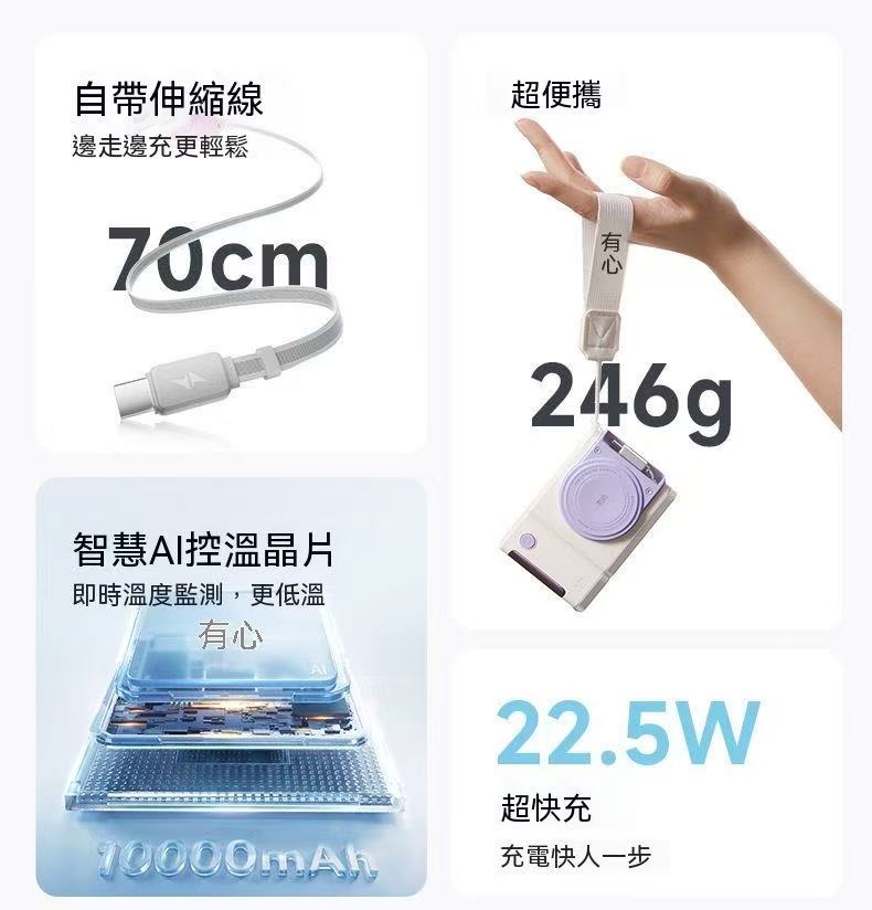 三合一行動電源10000mAh【自帶插頭伸縮線】