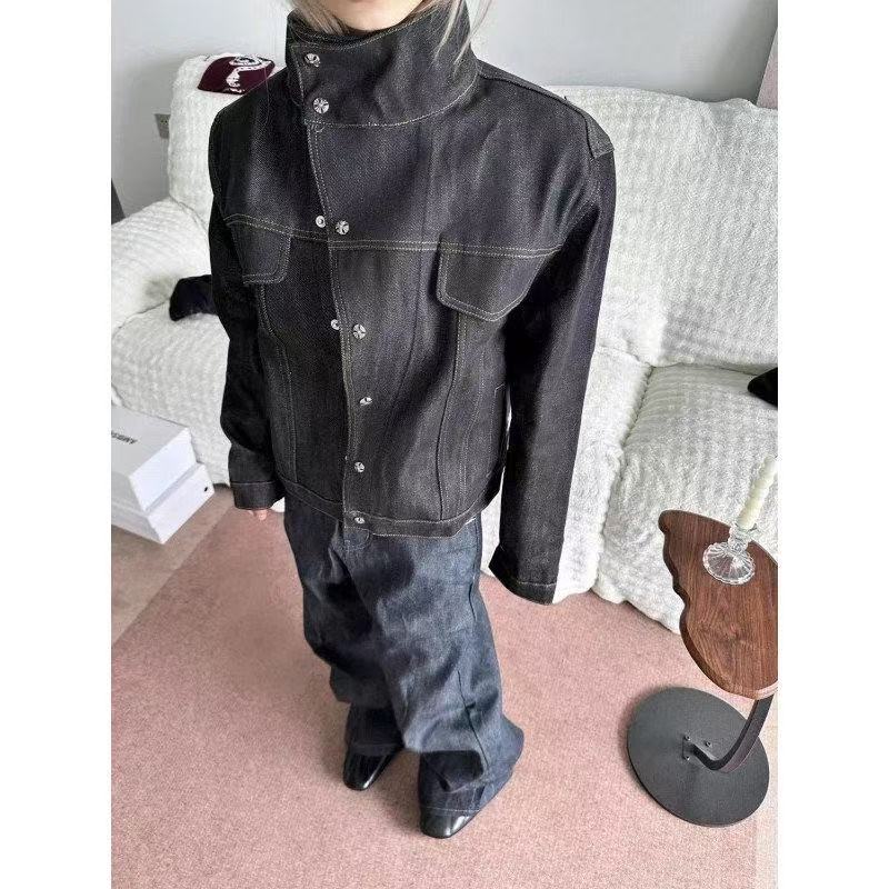 High Street Slant Collar Cropped Denim Jacket American Retro Stand Collar Workwear