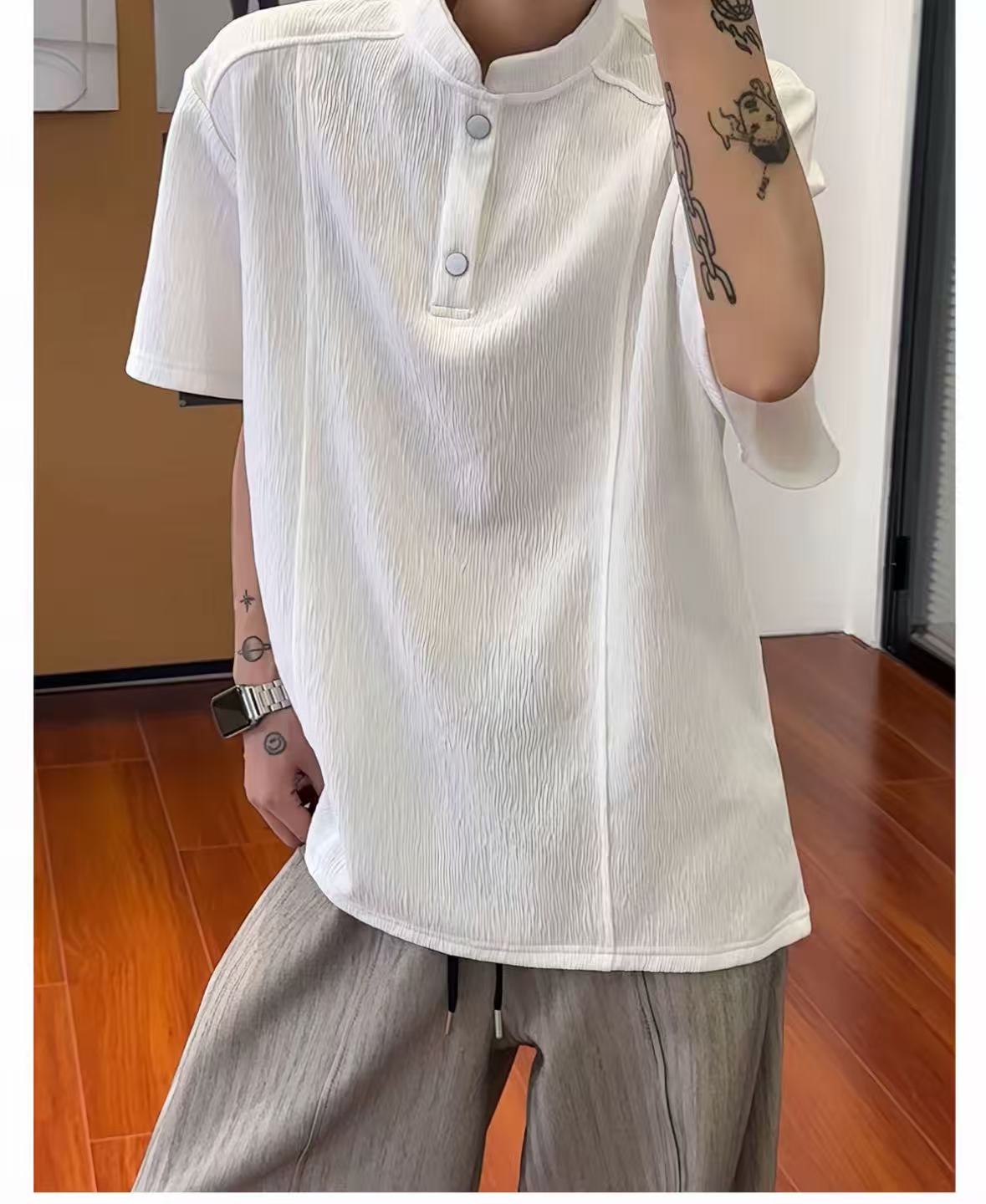老錢風樹皮紋肌理亨利領高級感短袖T恤