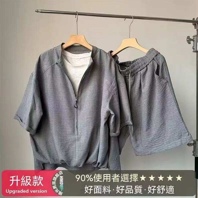 Vintage Style Two-Piece Look Short-Sleeved Shirt for Men (Thin, for Summer) + Casual Knee-Length Shorts (Set)