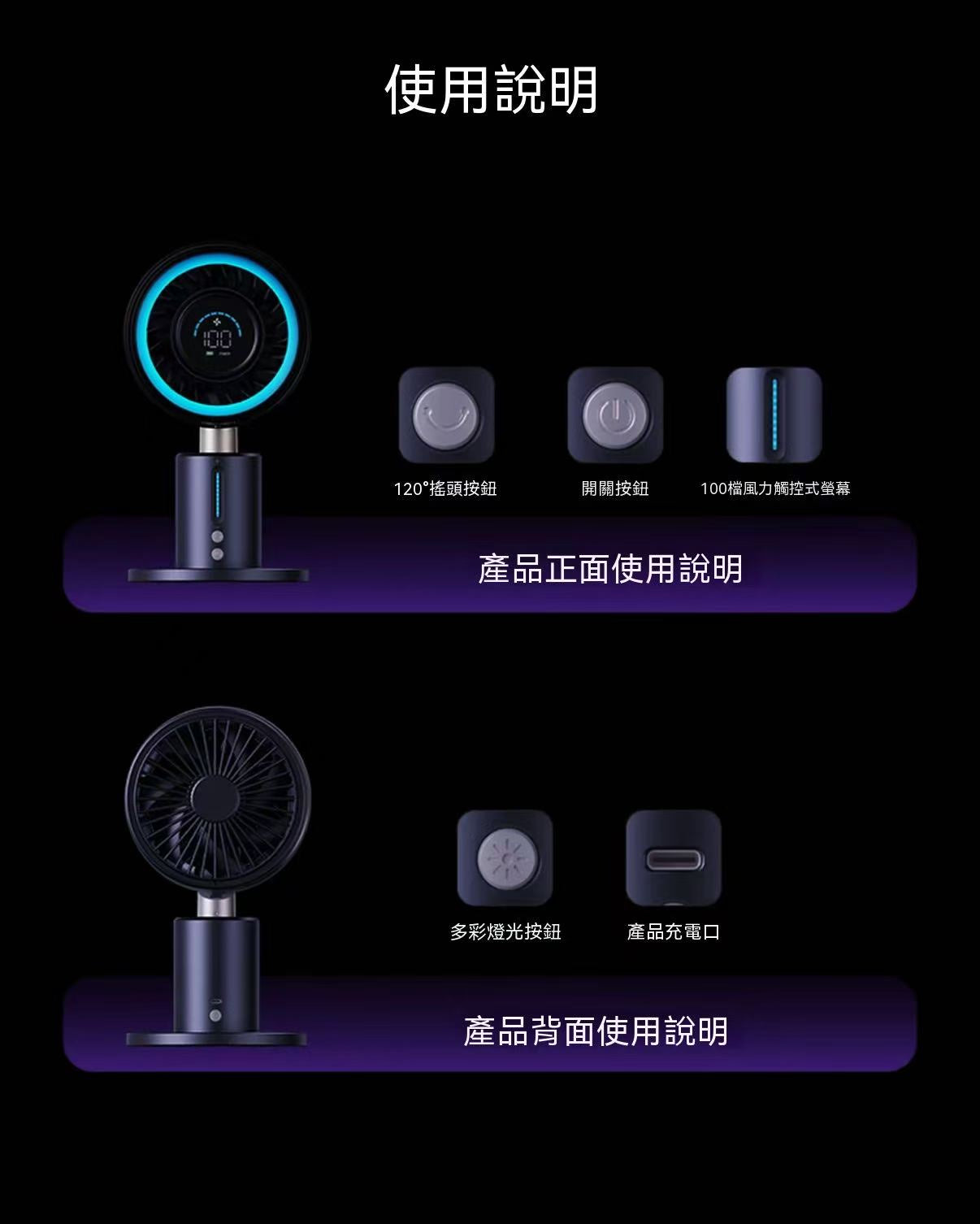 Multifunctional High-Speed Portable Cooling USB Charging Oscillating Desk Fan with LED Ambient Light and Circulating Air (Aurora Fan Generation 1)