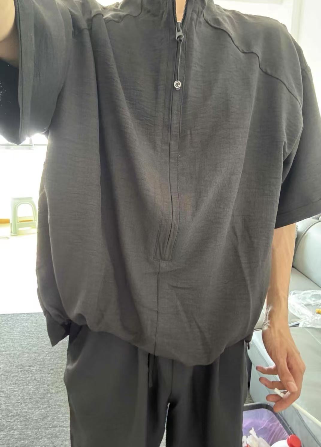 Vintage Style Two-Piece Look Short-Sleeved Shirt for Men (Thin, for Summer) + Casual Knee-Length Shorts (Set)