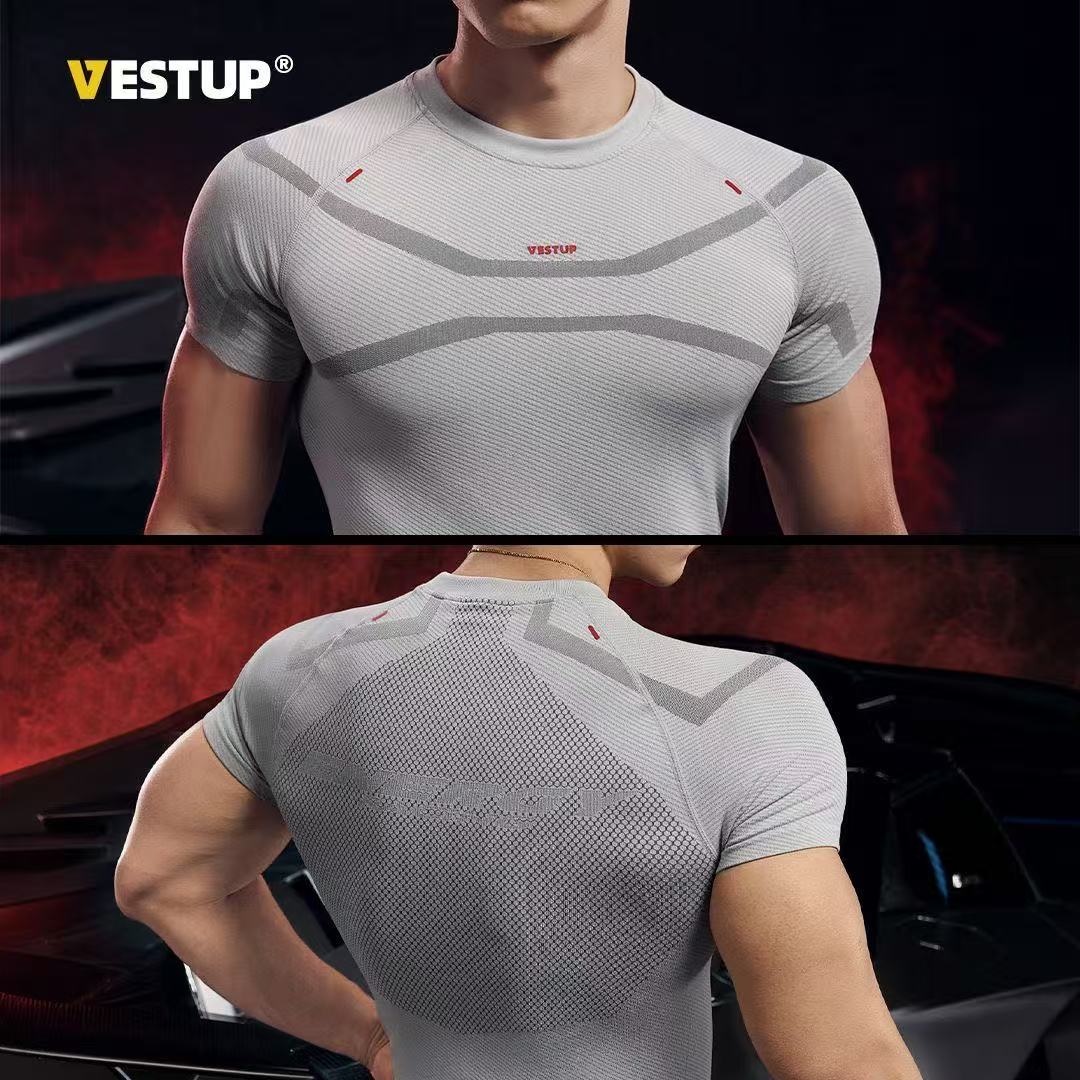 VEST UP【RACING】賽車風碳纖維無縫短袖顯大塑形緊身健身男裝T恤