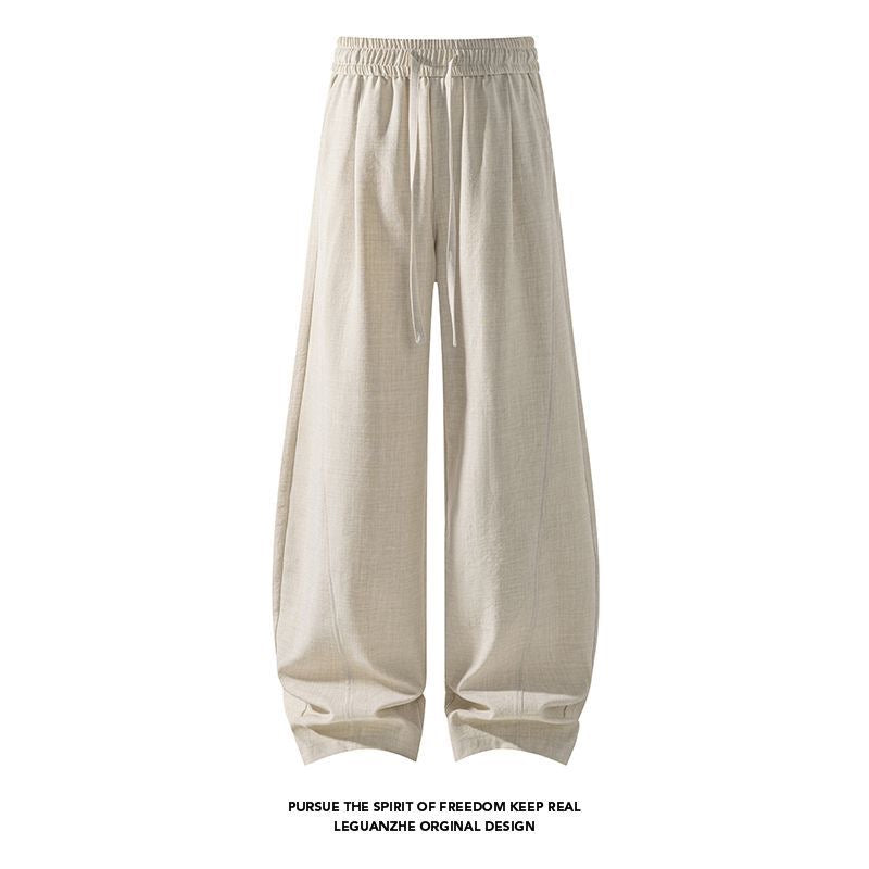 Old-money style hemp wide-leg casual pants