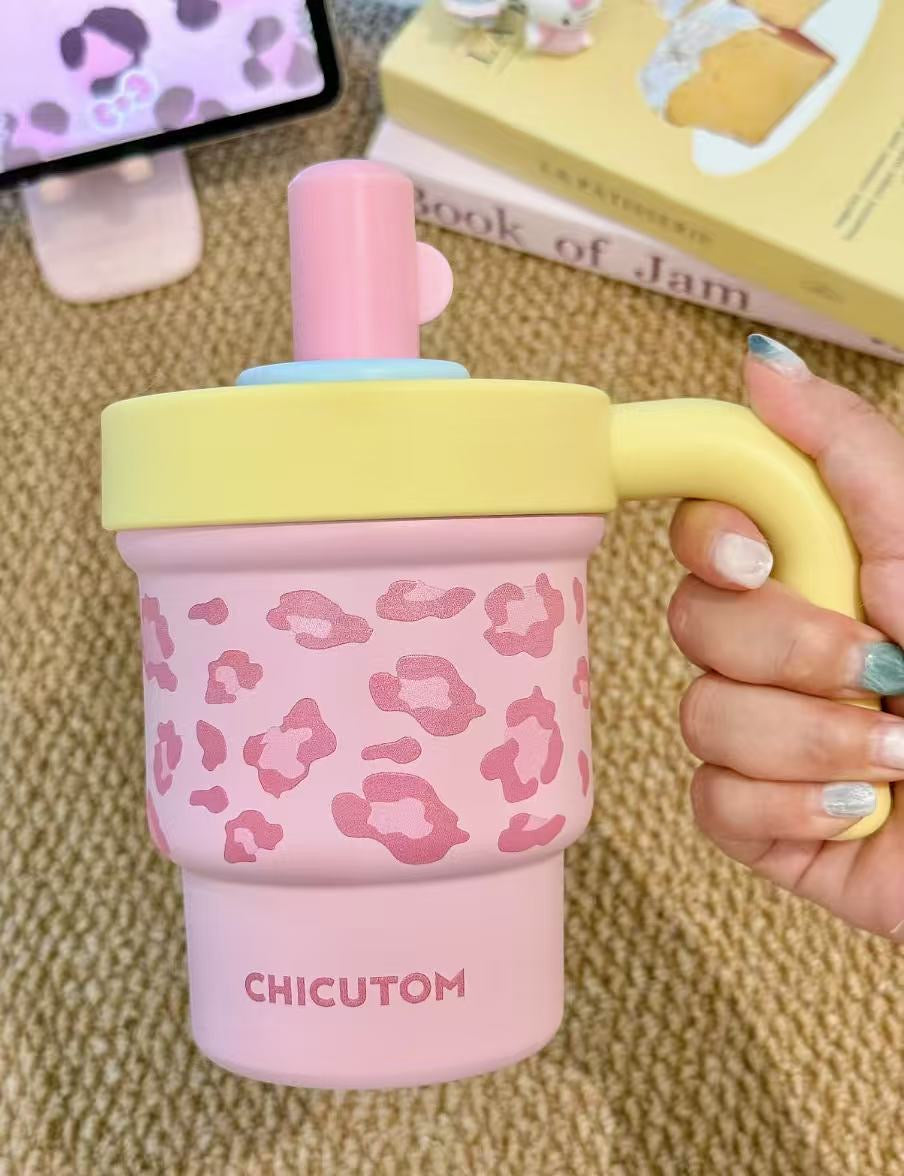 Leopard Print Straw Tumbler - Insulated Milk Tea Cup