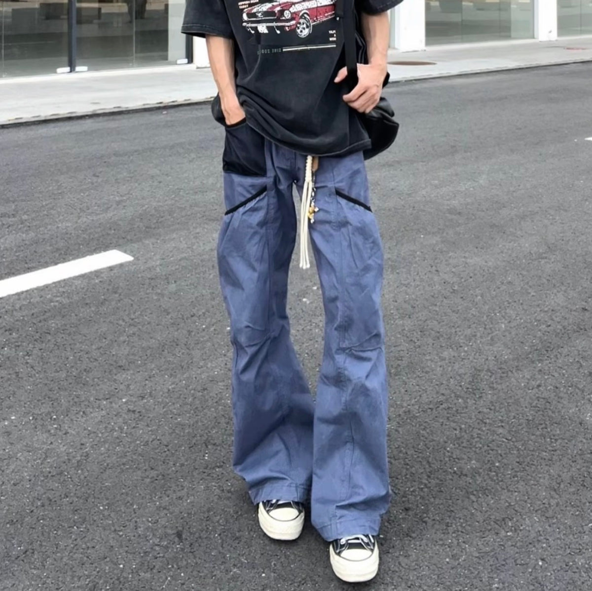 法工藍多口袋工裝褲