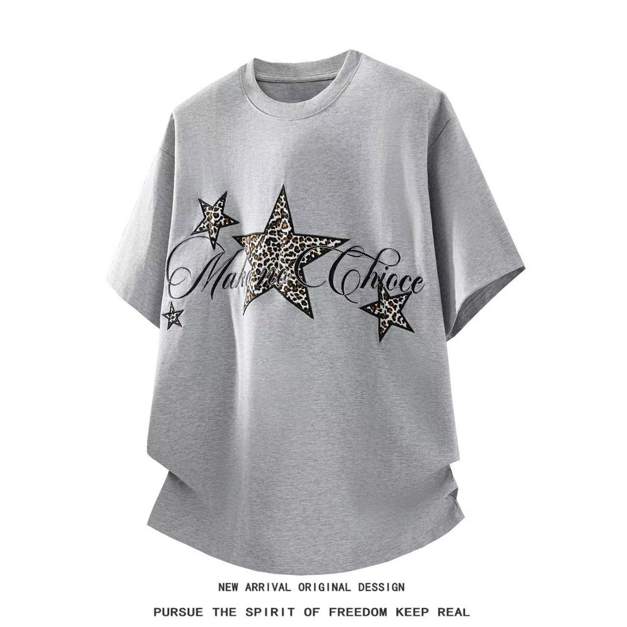 American Retro Leopard Print Curved Denim Pants + Star Short-sleeved Two-piece Set