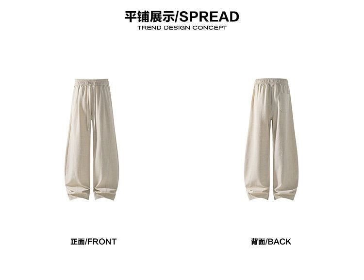 Old-money style hemp wide-leg casual pants