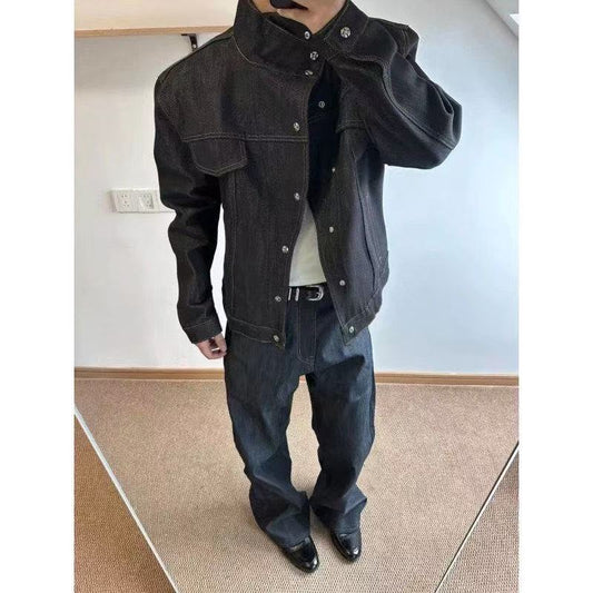 High Street Slant Collar Cropped Denim Jacket American Retro Stand Collar Workwear