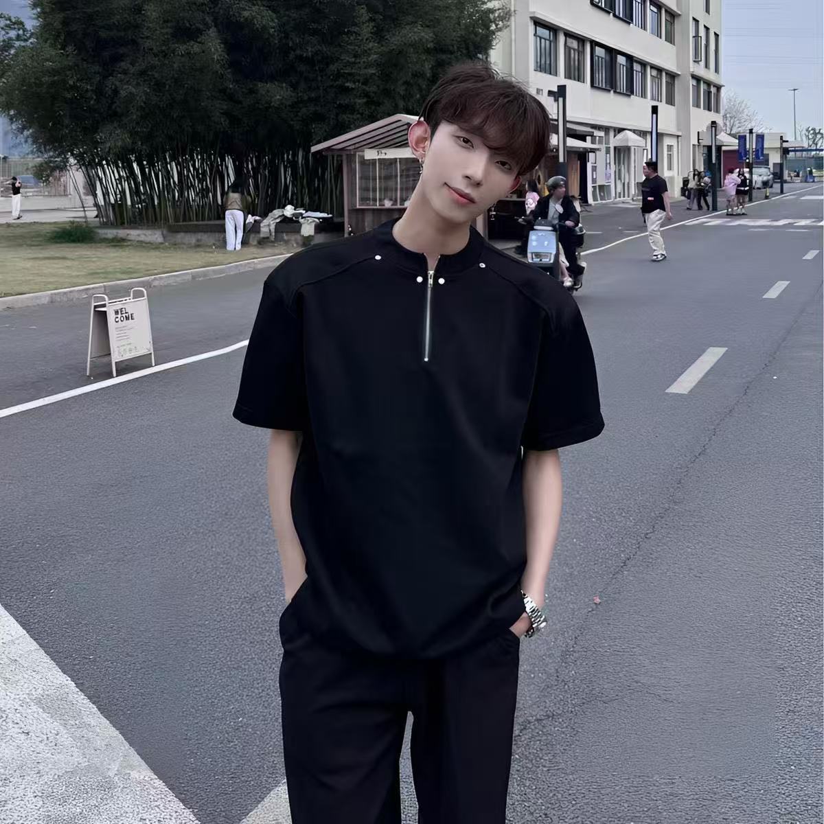 American Style High Street Rivet Half-Zip Padded Shoulder Short-Sleeve T-shirt