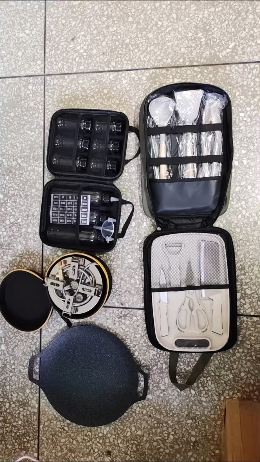 Outdoor camping stove, cookware, pot, and grill pan storage bag combo