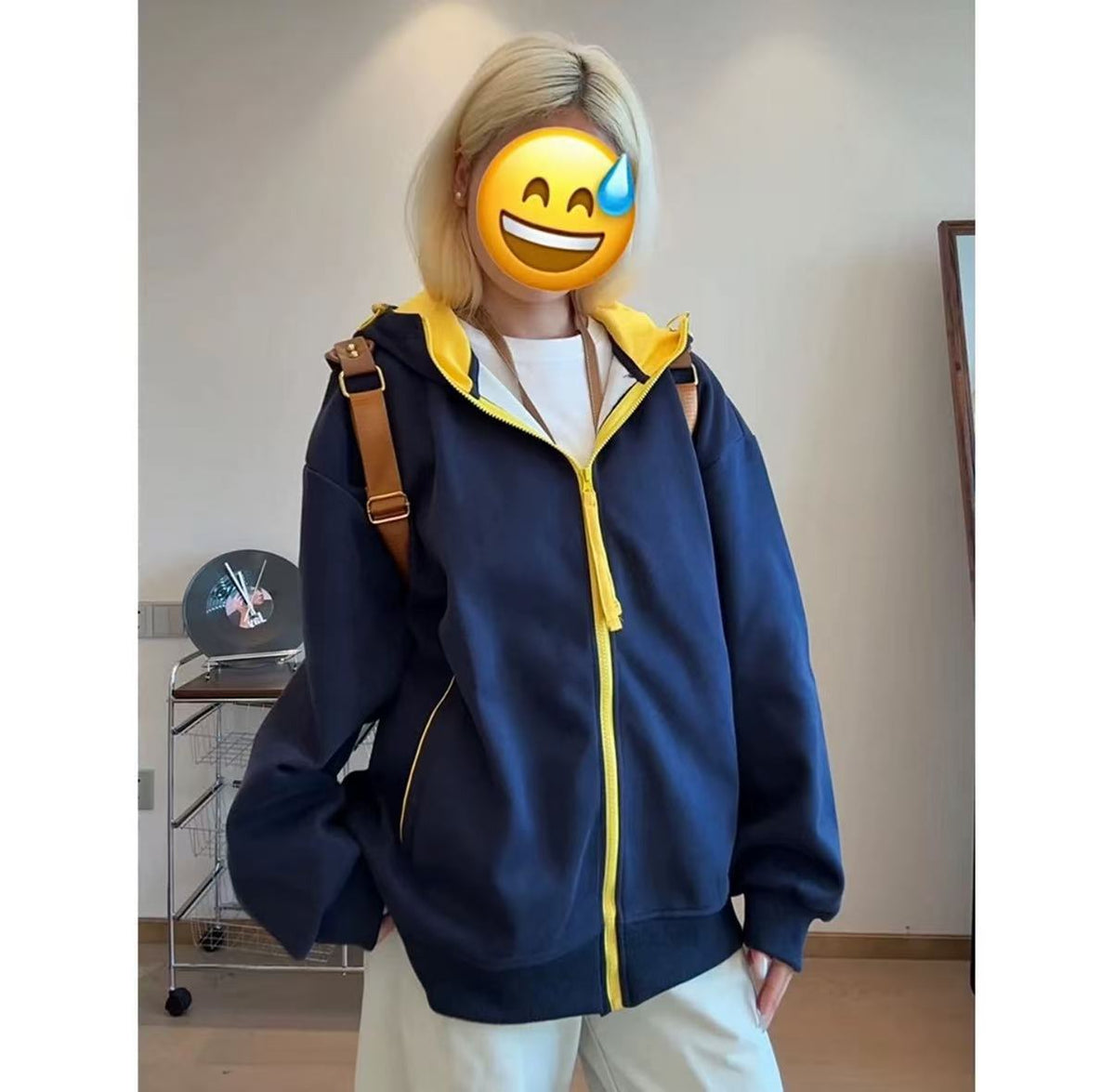 美式復古撞色連帽開衫衛衣